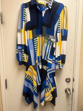 Karl Lagerfeld Blue, Yellow & White Geometric Shirt Dress